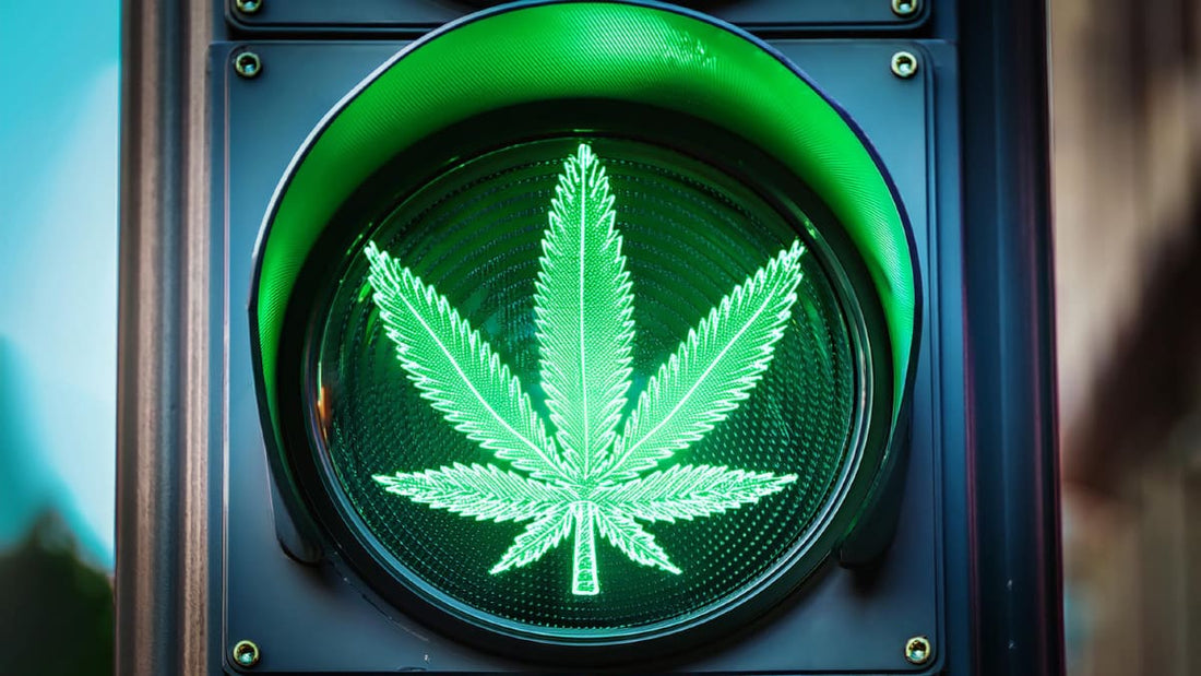 Ampel mit einem grünen Cannabisblatt als Leuchte, symbolisierend die neuen Regelungen zum THC-Grenzwert im Straßenverkehr in Deutschland