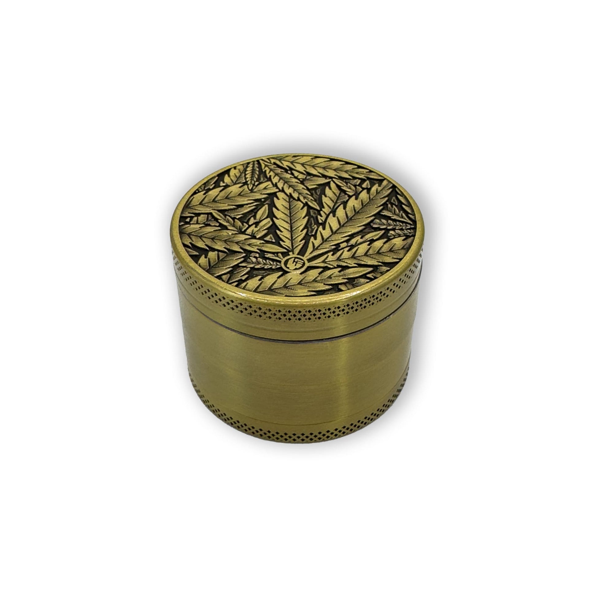 Bild von oben: Gold Leaves Grinder Draufsicht - Goldener Grinder mit Cannabisblättern und 3D-Design