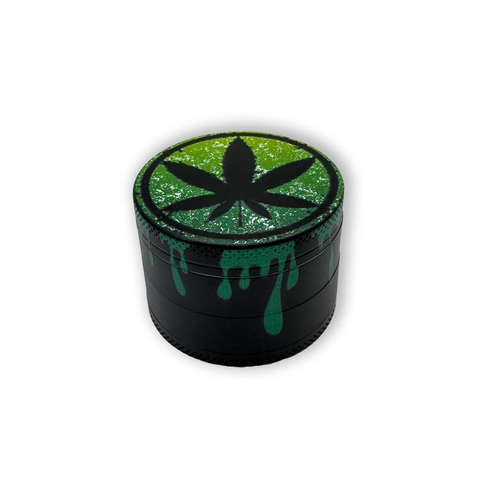 Grüner Drip Grinder Draufsicht - Tropfender Grinder mit grüner Fläche und Cannabisblatt