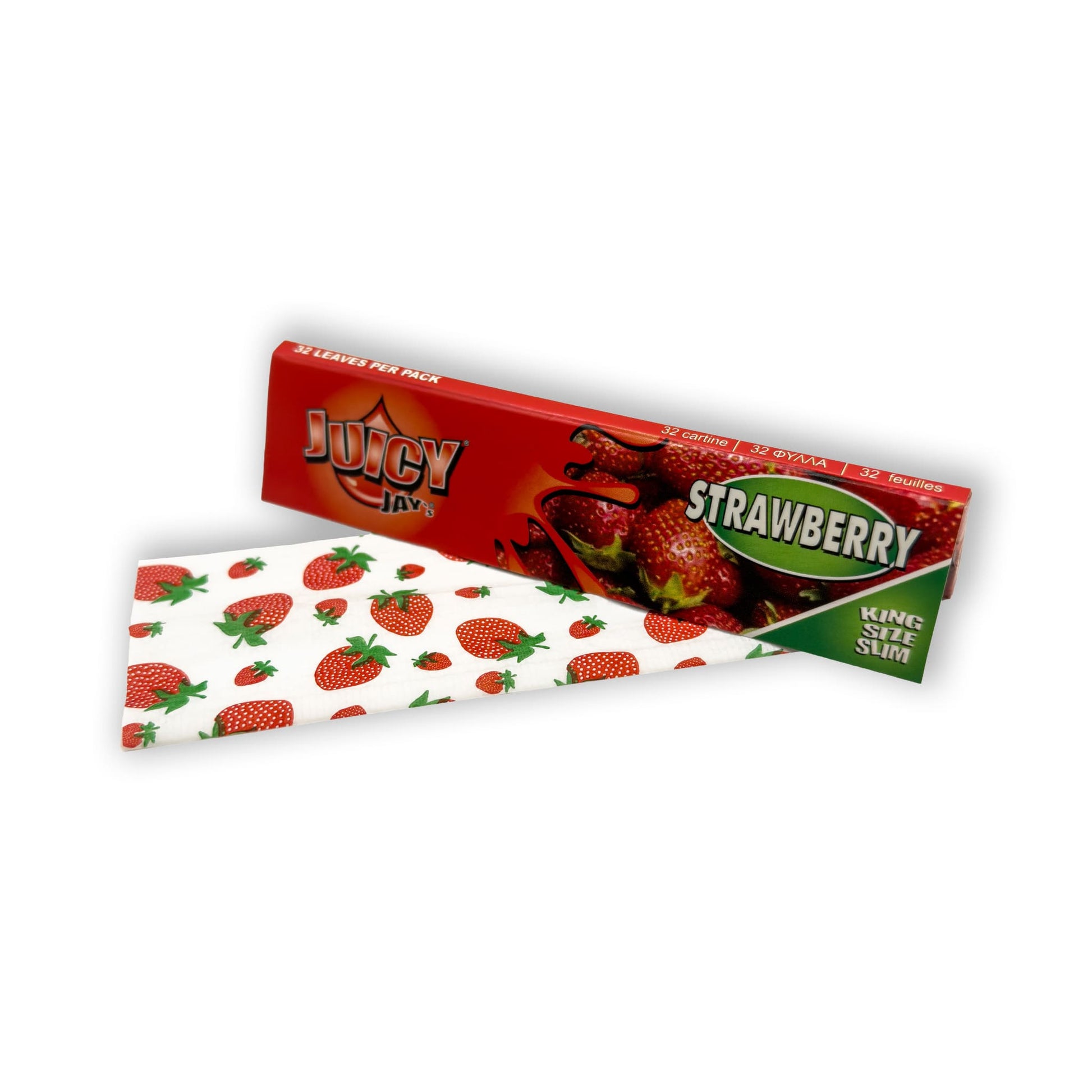 Juicy Jays King Size Slim Strawberry Papers, Packung mit einem ausgebreiteten Paper, um das Aroma zu demonstrieren