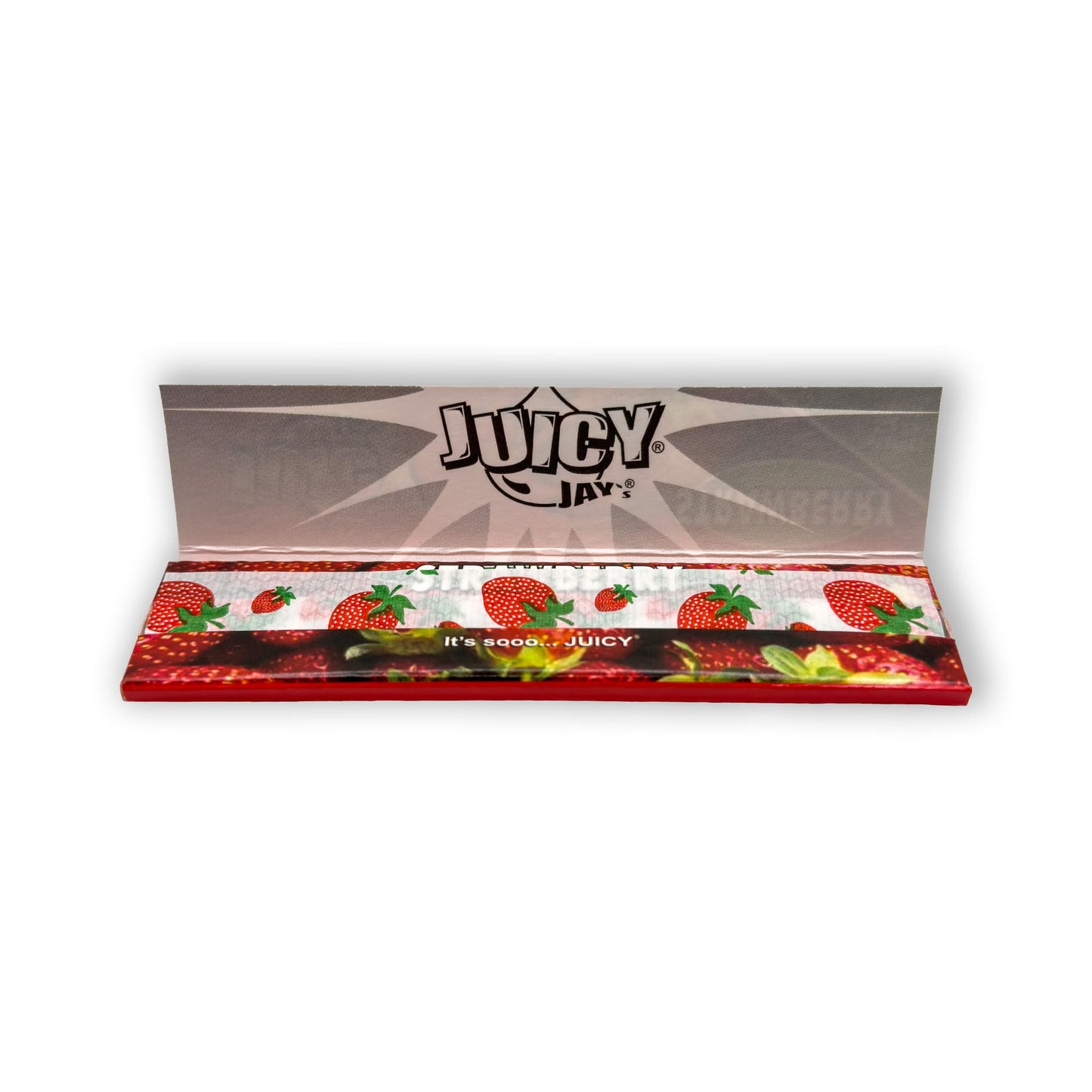 Geöffnete Packung von Juicy Jays King Size Slim Strawberry Papers, zeigt die Anordnung der Papers