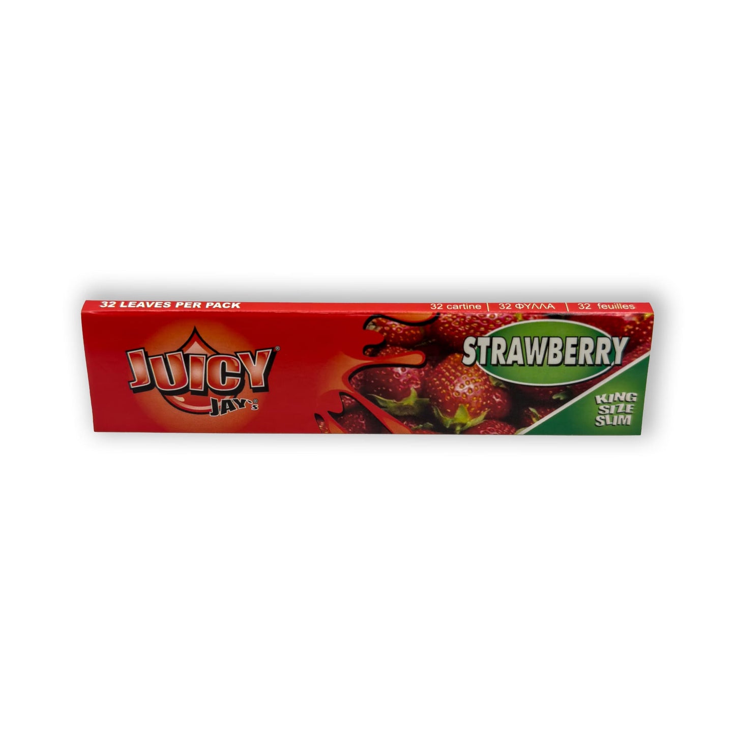 Vorderansicht der Juicy Jays King Size Slim Strawberry Papers, hervorhebung des Erdbeerdesigns