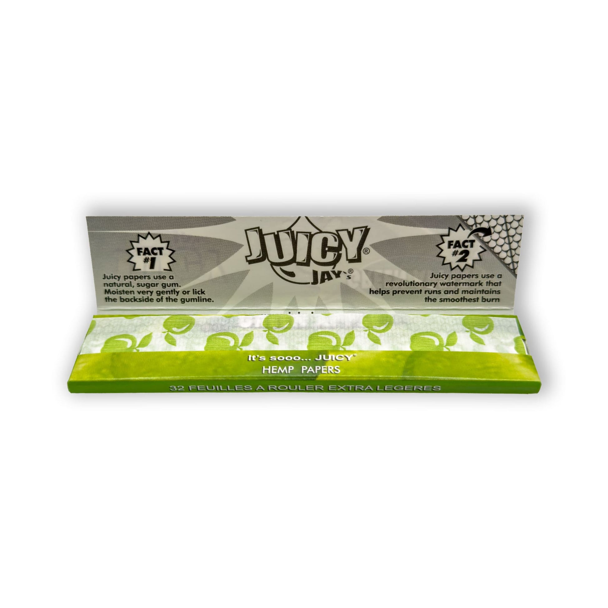 Geöffnetes Heftchen Juicy Jay's Green Apple Papers mit sichtbaren Blättchen