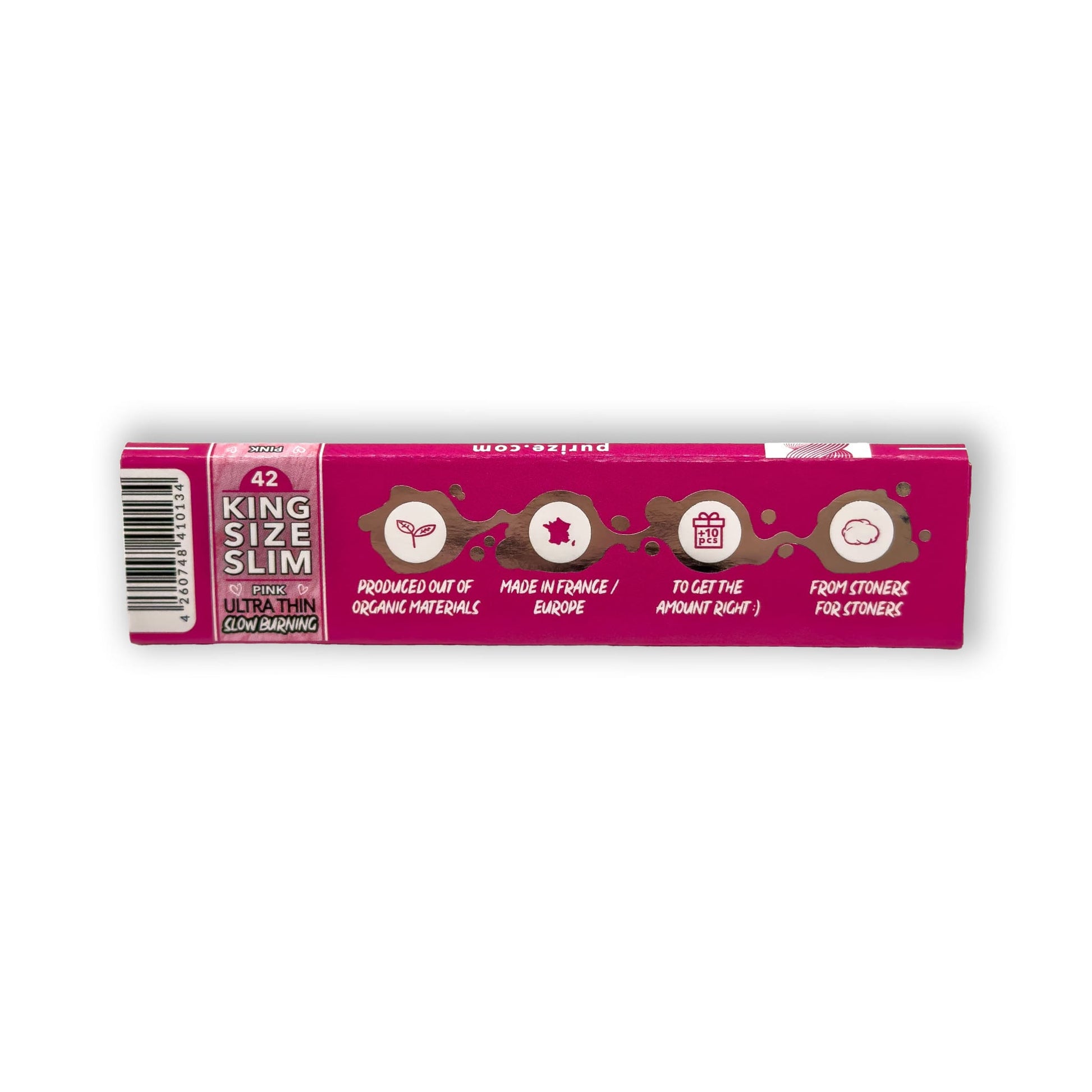 PURIZE Pink King Size Slim Papers neben gedrehtem Produkt für ein stilvolles Raucherlebnis