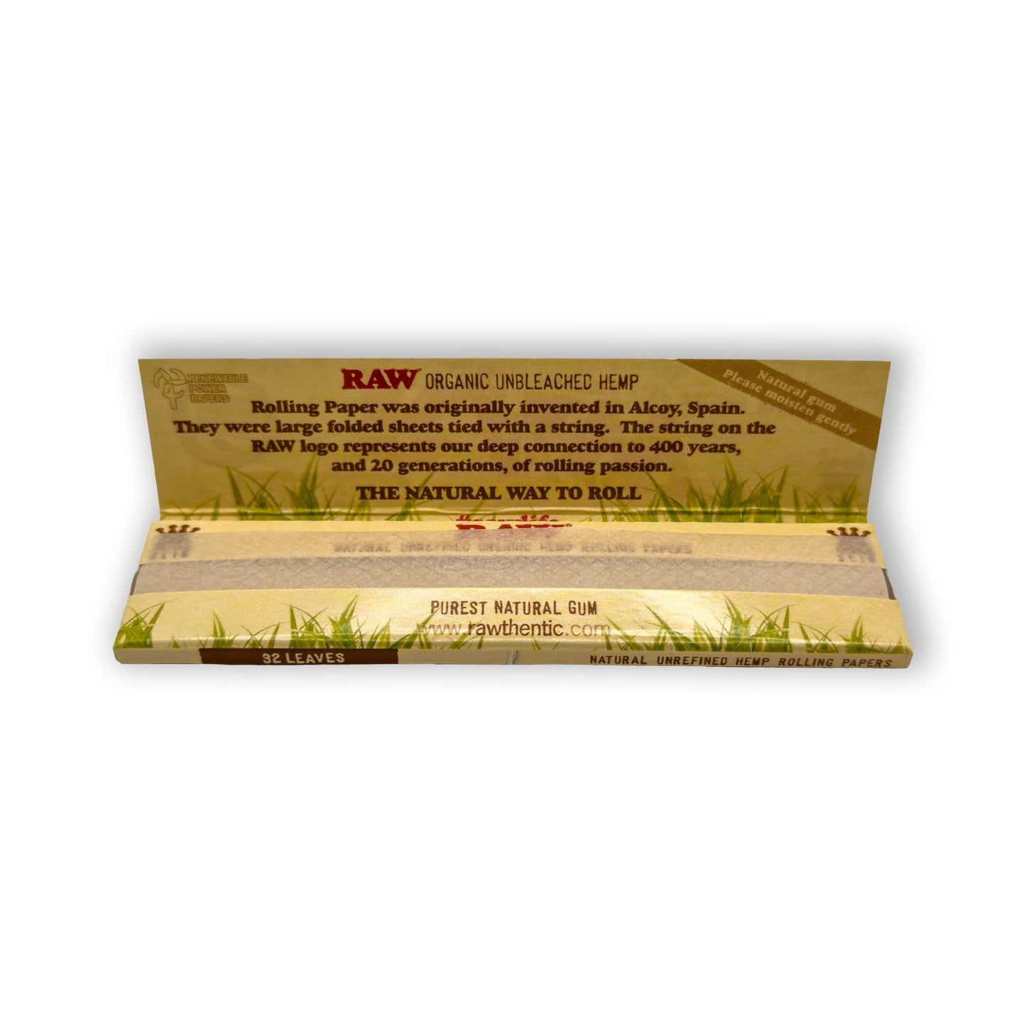 Geöffnetes Heftchen RAW Organic Hemp Papers mit sichtbaren Blättchen